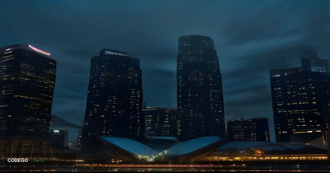 A cinematic editorial photograph set in Singapore's central business district at dusk, with the iconic Marina Bay Sands and s