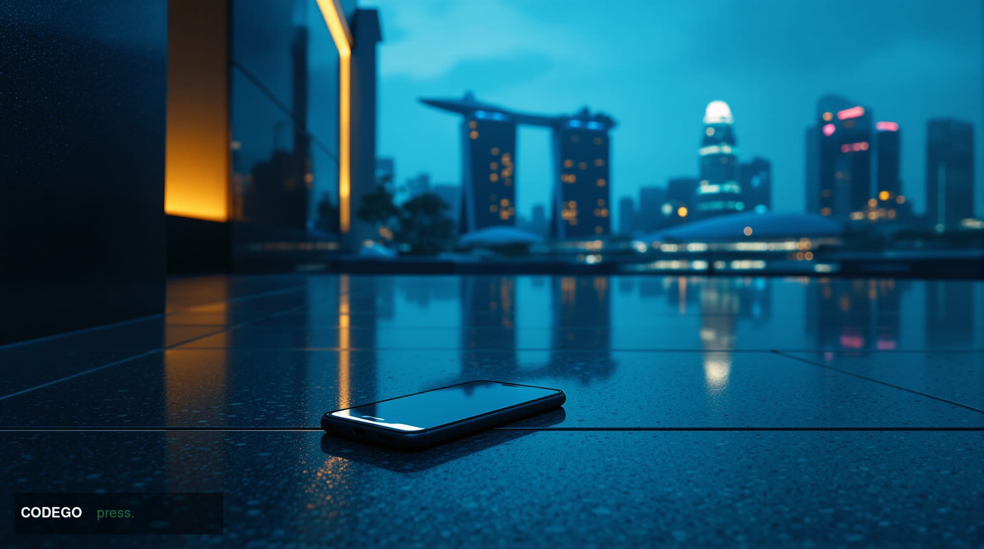 A dramatic cinematic editorial photograph set in Singapore, with the iconic Marina Bay Sands silhouette visible in the misty 