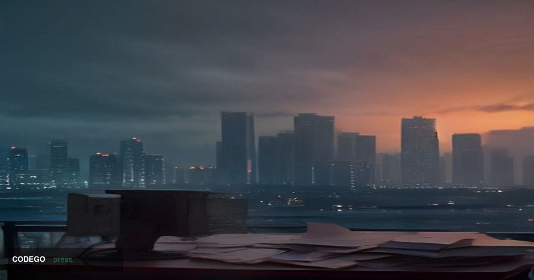 A cinematic editorial photograph set in Singapore's financial district, with the iconic skyline of Marina Bay visible in the 