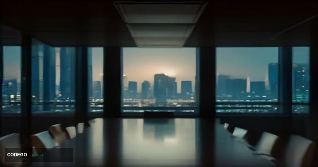 A cinematic editorial photograph set in Singapore's central business district at dusk, with the iconic Marina Bay Sands skyli