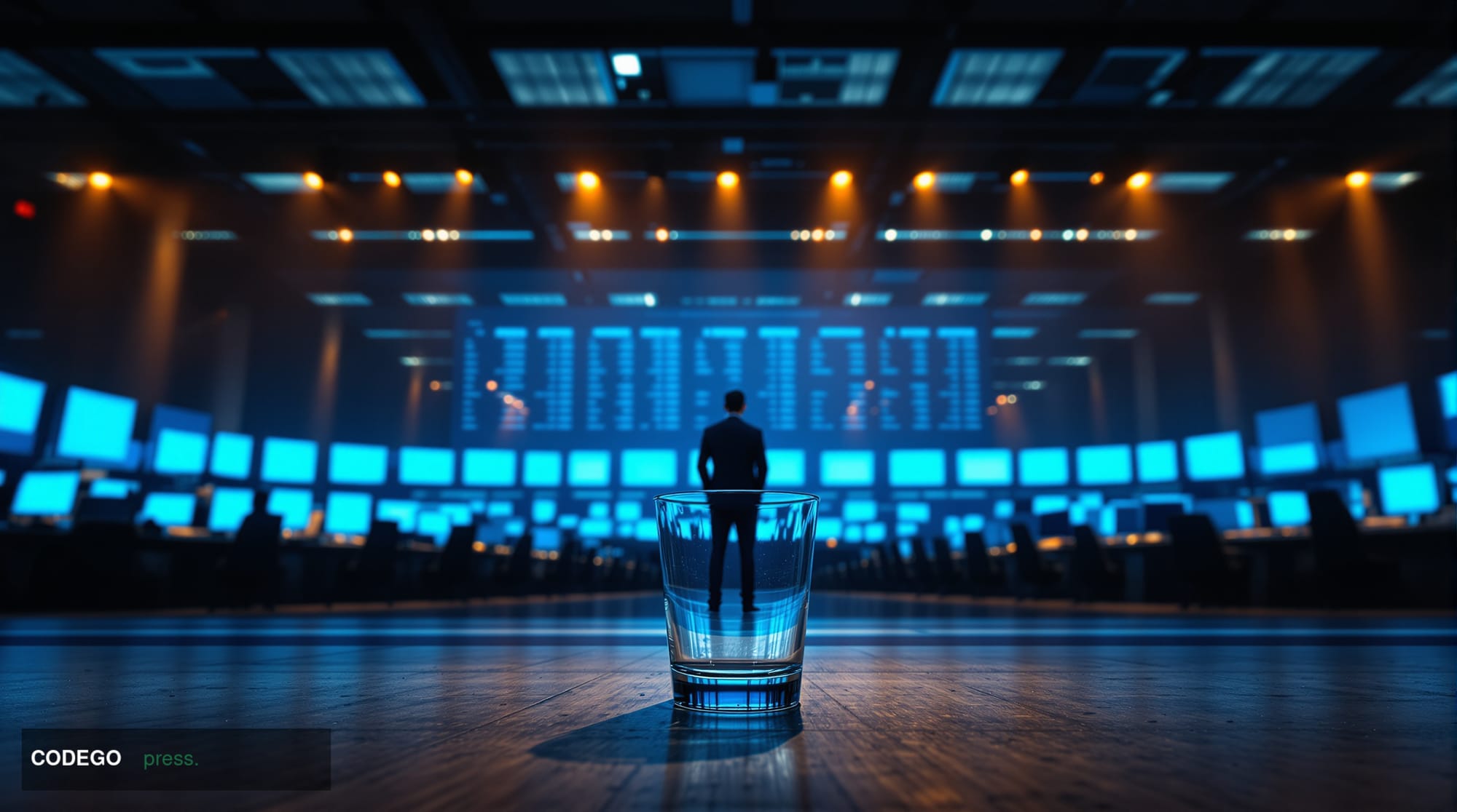 A dramatic cinematic editorial photograph set inside a vast, high-ceilinged institutional trading floor — rows of dark, blank