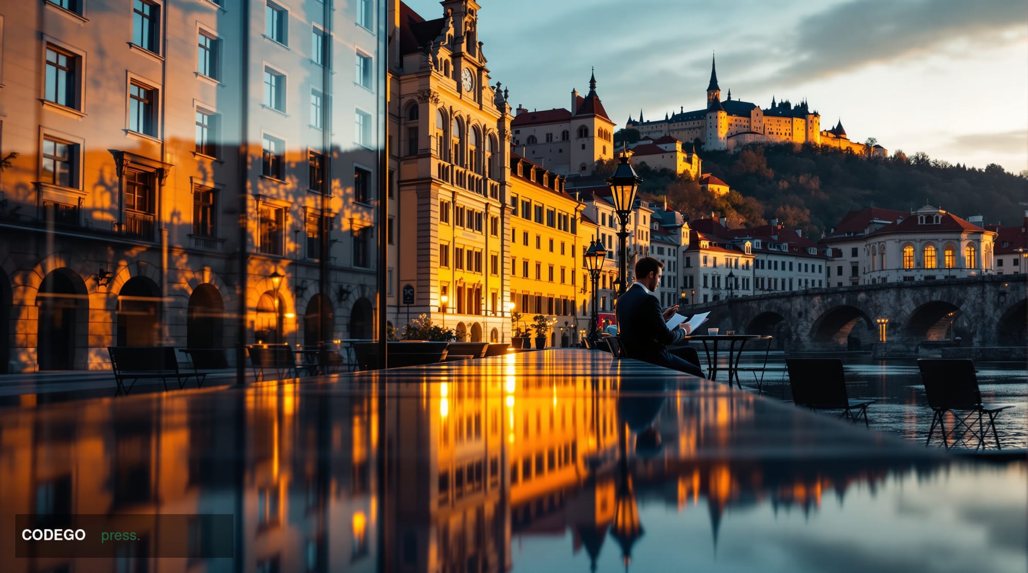 A cinematic editorial photograph capturing the architectural grandeur of Ljubljana's historic financial district at golden ho