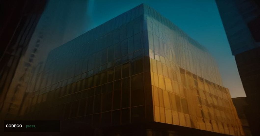 A cinematic editorial photograph shot from a low angle looking up at the glass-and-steel facade of a traditional bank buildin