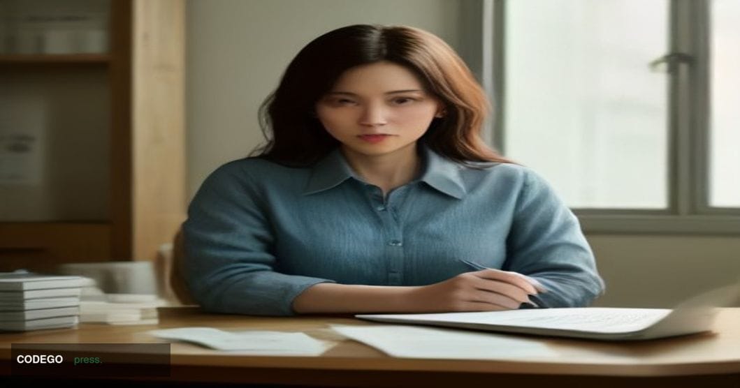 A photorealistic editorial photograph of a small business owner — a woman in her early forties in professional casual attire 