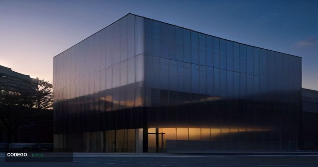 A cinematic editorial photograph of a sleek, modern financial technology headquarters campus at dusk, rendered in photorealis