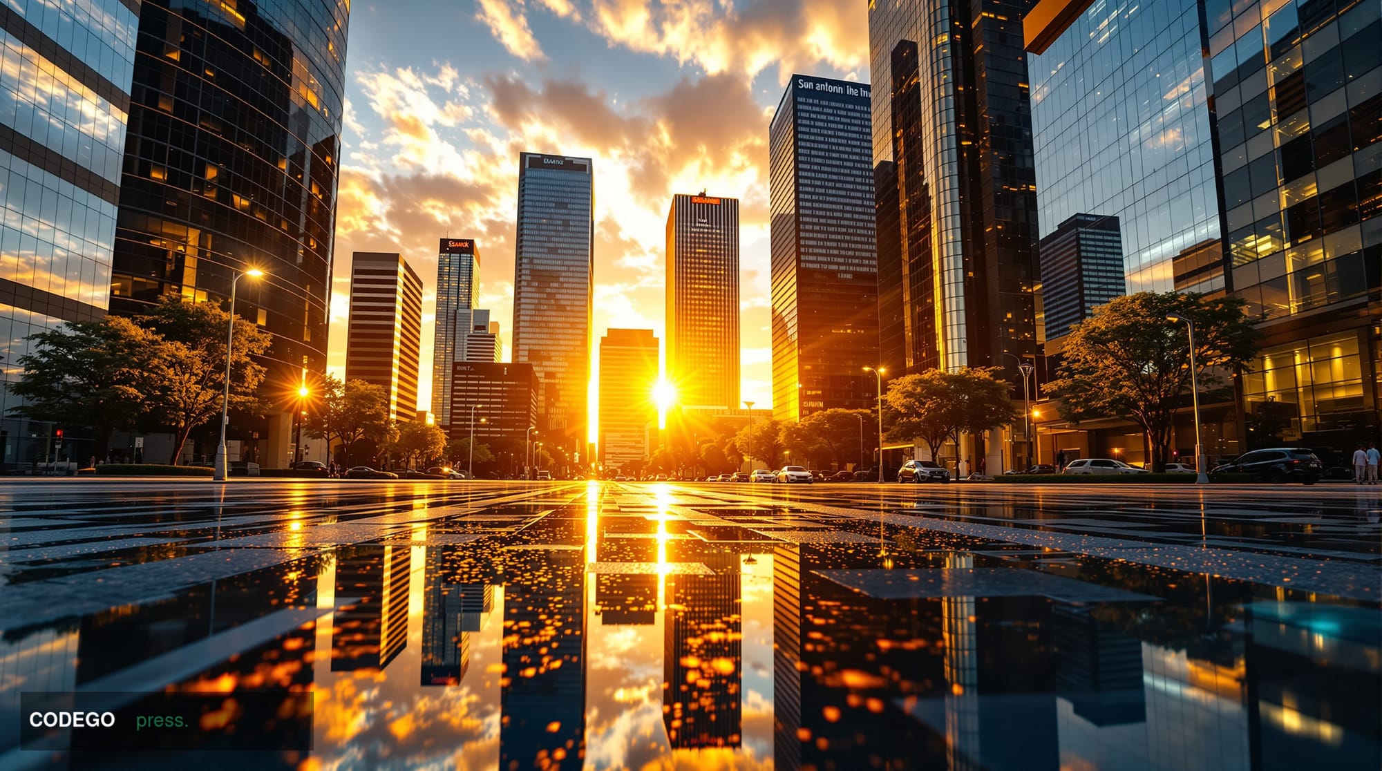 A cinematic editorial photograph capturing the financial district of Johannesburg, South Africa, at golden hour — the iconic 