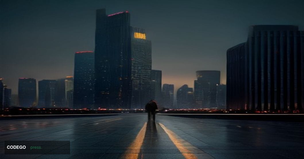 A cinematic editorial photograph set in Seoul's Yeouido financial district at dusk, with the iconic 63 Building and major ban