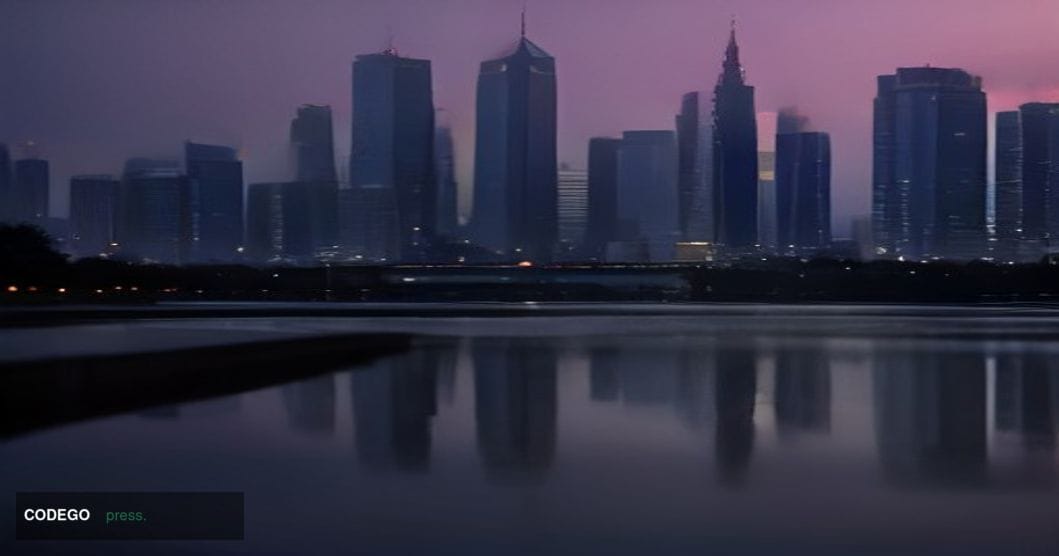 A dramatic cinematic editorial photograph set in Seoul's Yeouido financial district at dusk, the iconic skyline of glass towe