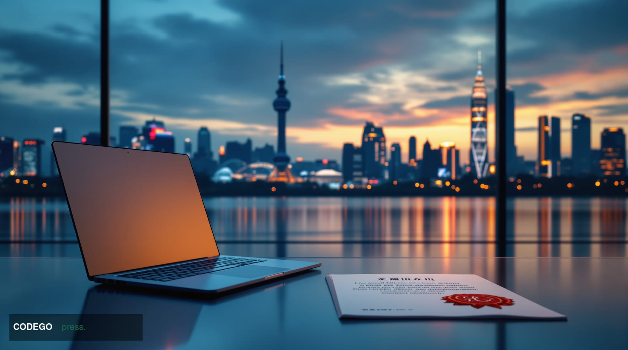 A dramatic cinematic editorial photograph of the Seoul skyline at dusk, the Han River reflecting deep amber and cool blue lig