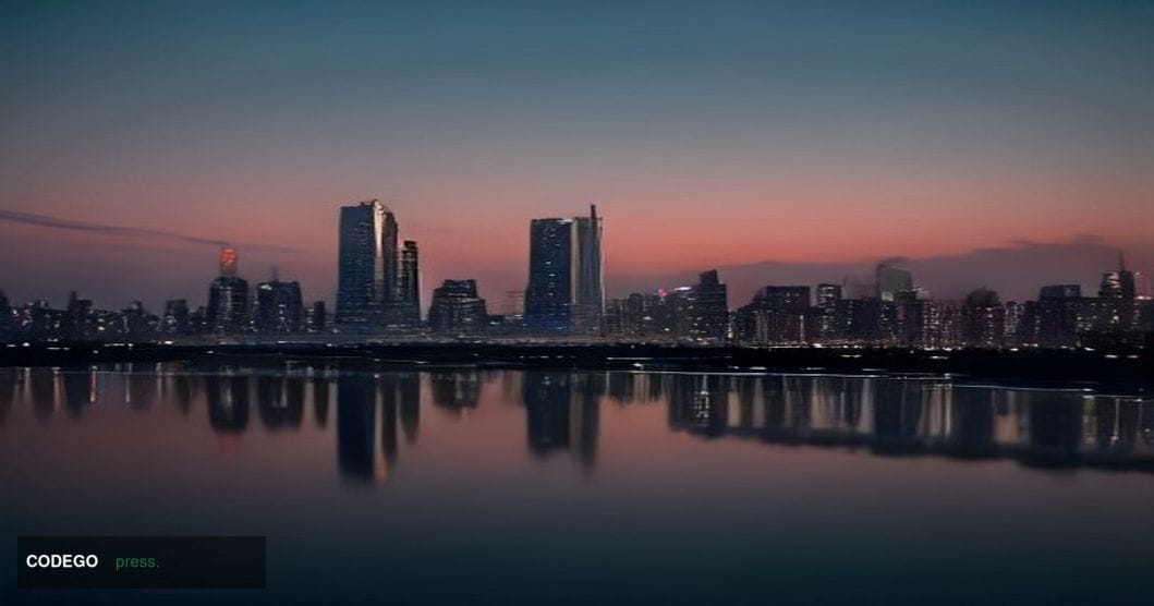 A dramatic wide-angle cinematic shot of the Seoul financial district skyline at dusk, with the iconic glass towers of Yeouido