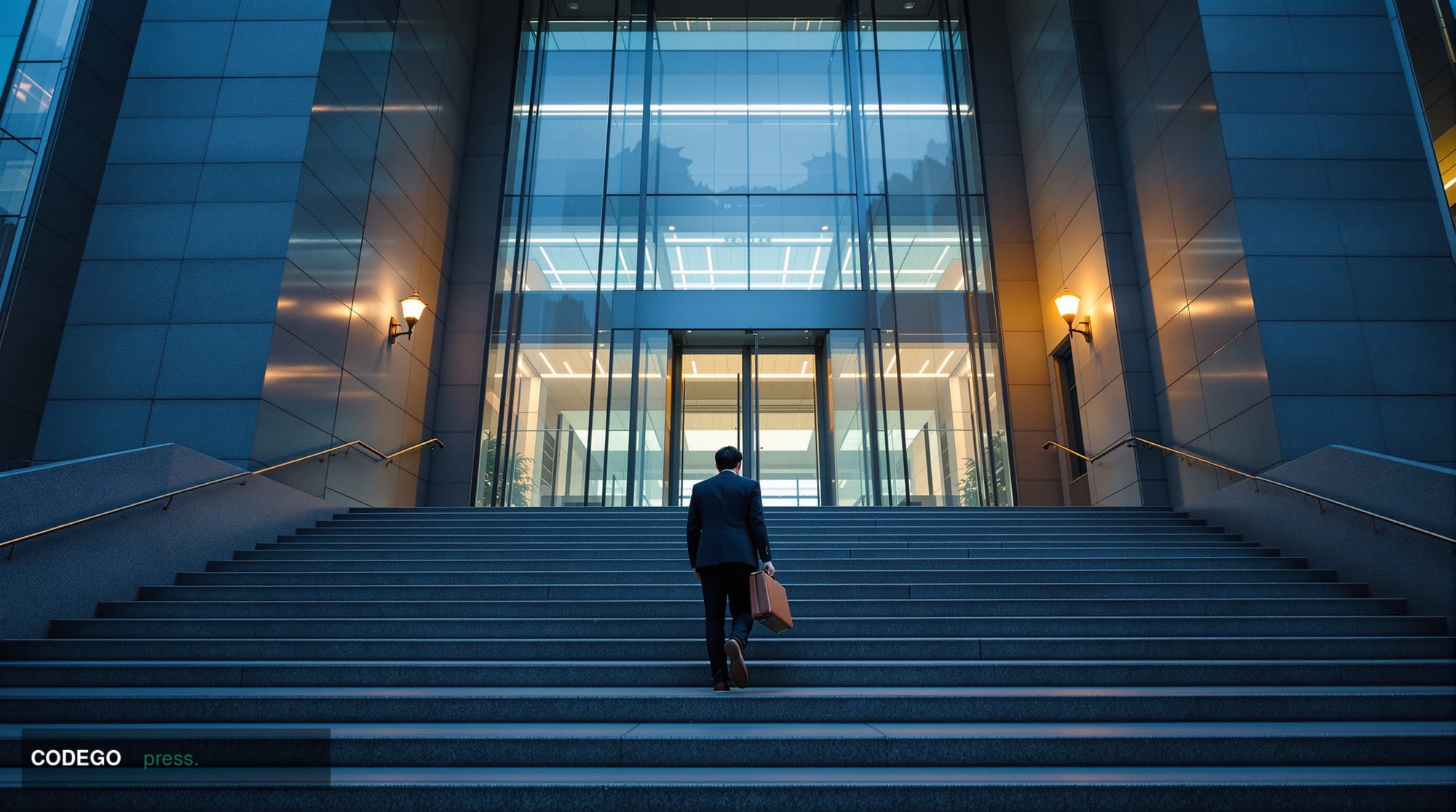 A dramatic cinematic editorial photograph taken from a low angle looking up at the imposing granite and glass facade of a Sou