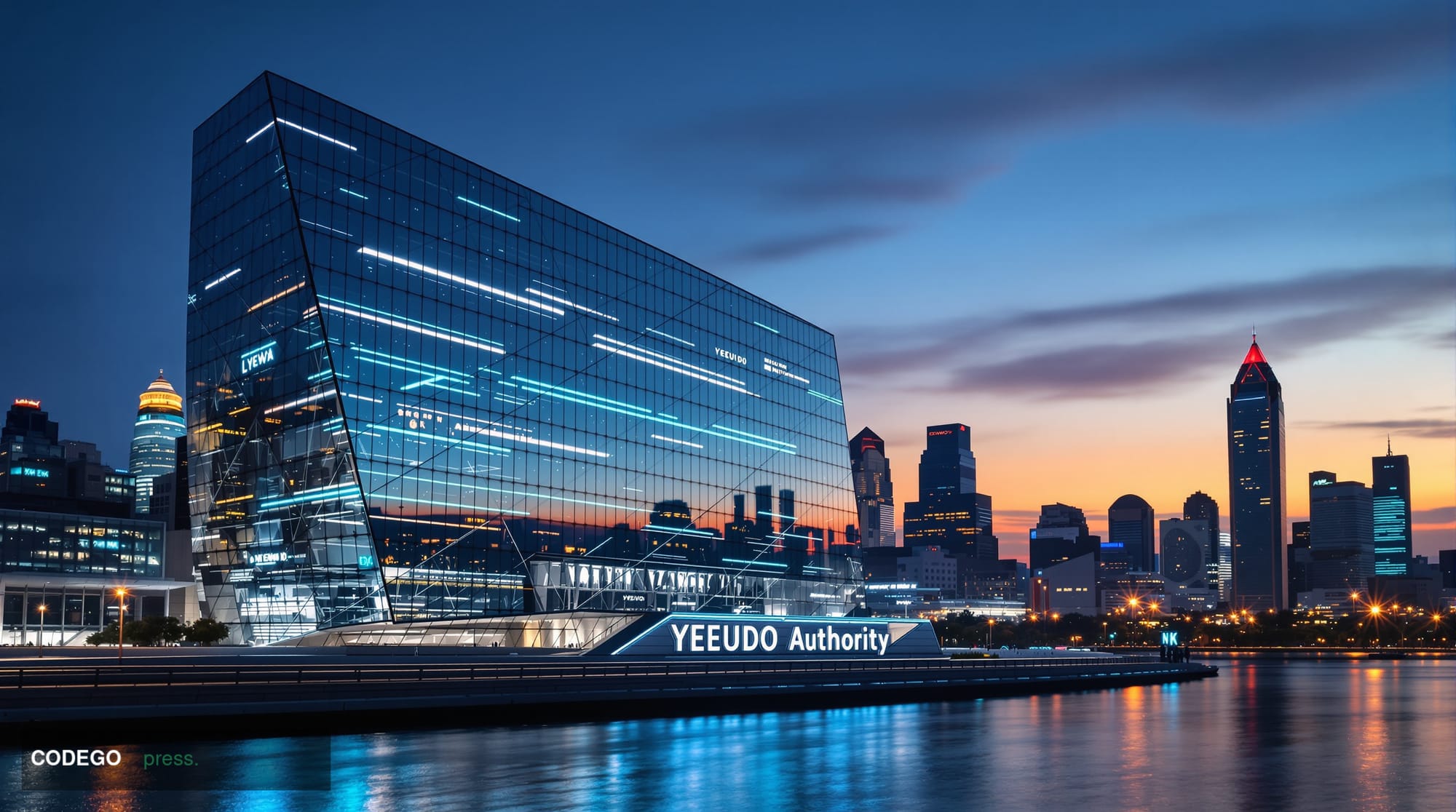 A cinematic editorial photograph set in Seoul's Yeouido financial district at dusk, the iconic glass towers of South Korea's 