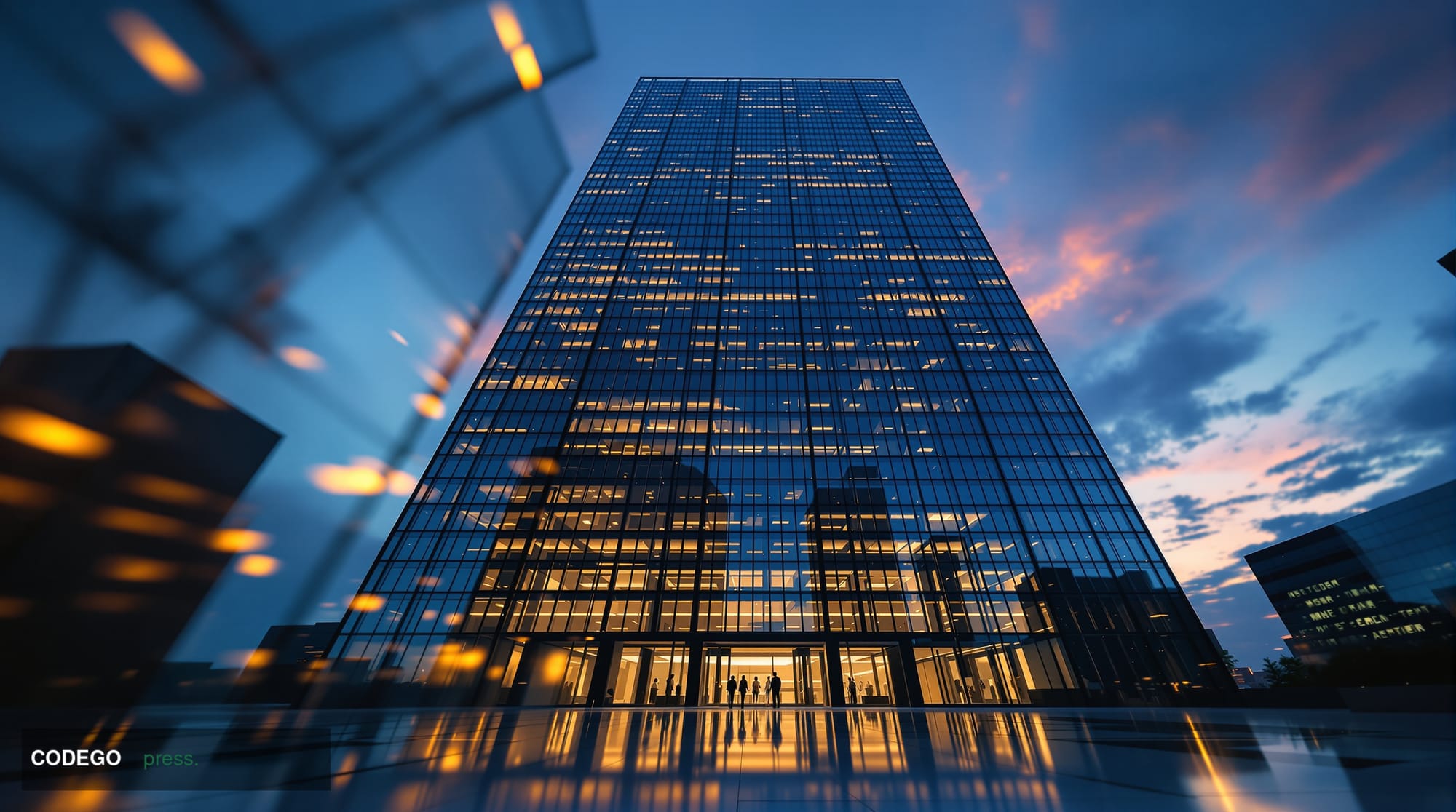 A cinematic editorial photograph shot from a low angle looking up at a sleek, glass-and-steel South Korean corporate financia