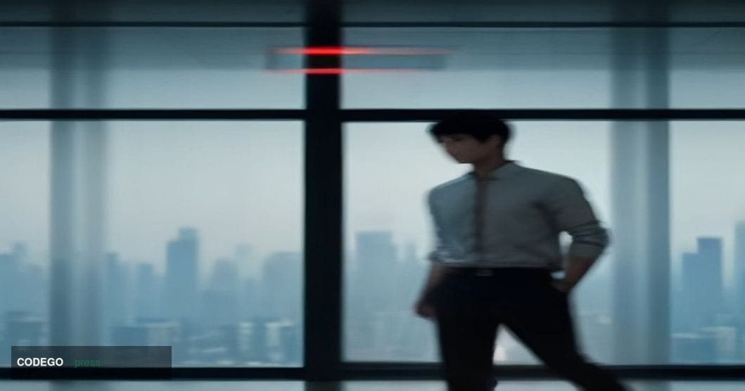 A cinematic editorial photograph set in the Korea Exchange trading floor in Seoul, South Korea, with the distinctive Yeouido 