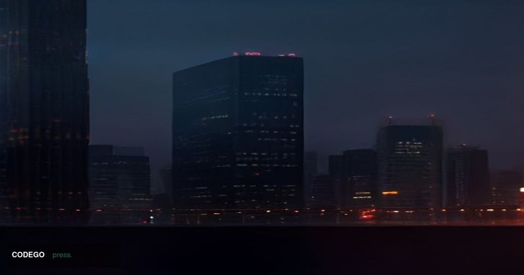A dramatic cinematic editorial photograph set in Seoul's Gangnam financial district at dusk, with the iconic glass-and-steel 