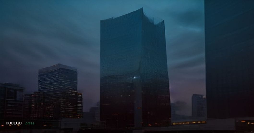 A dramatic cinematic editorial photograph set in Seoul's Yeouido financial district at dusk, with the iconic 63 Building and 