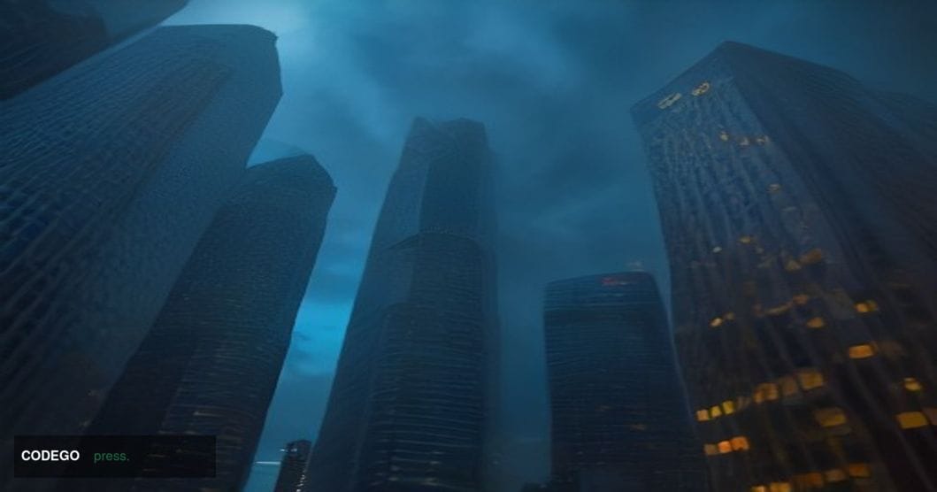 A cinematic editorial photograph shot from a low angle looking up at the gleaming glass towers of Singapore's central busines