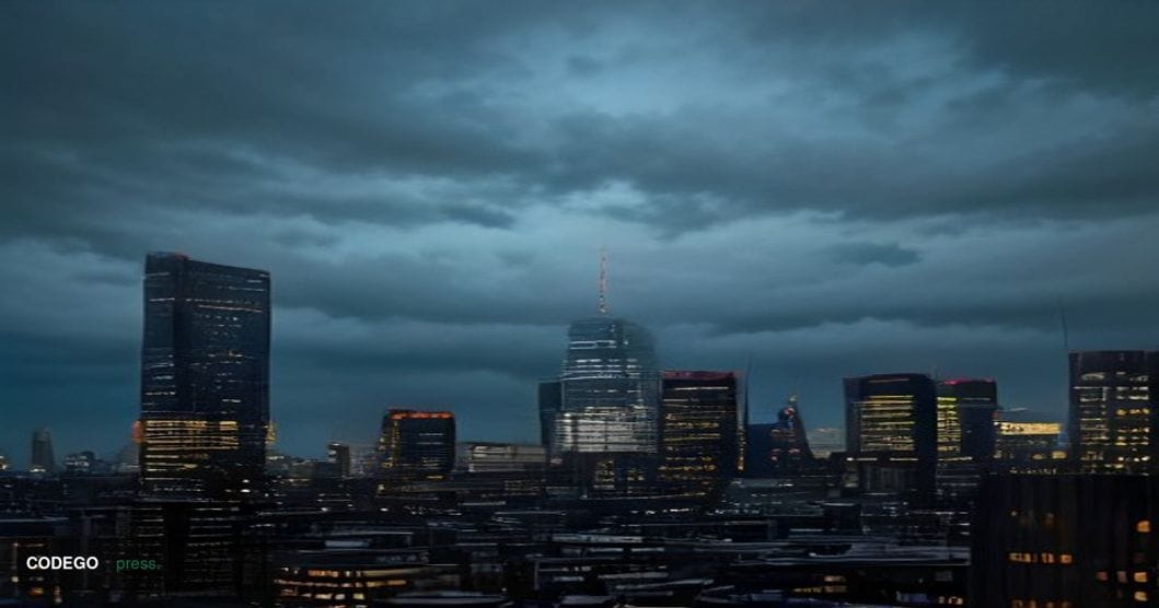 A cinematic photorealistic editorial photograph shot at dusk, depicting a monumental glass-and-steel financial district skyli