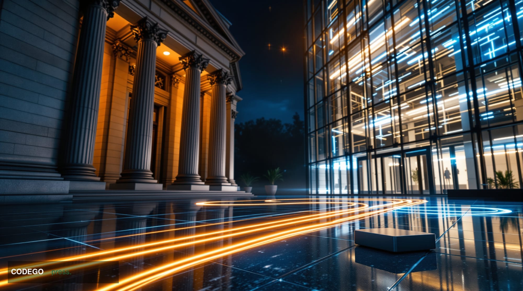A cinematic editorial photograph shot from a low angle looking up at two imposing government financial authority buildings — 