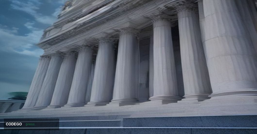 A cinematic editorial photograph shot at a low angle looking up at a monumental neoclassical federal government building faca