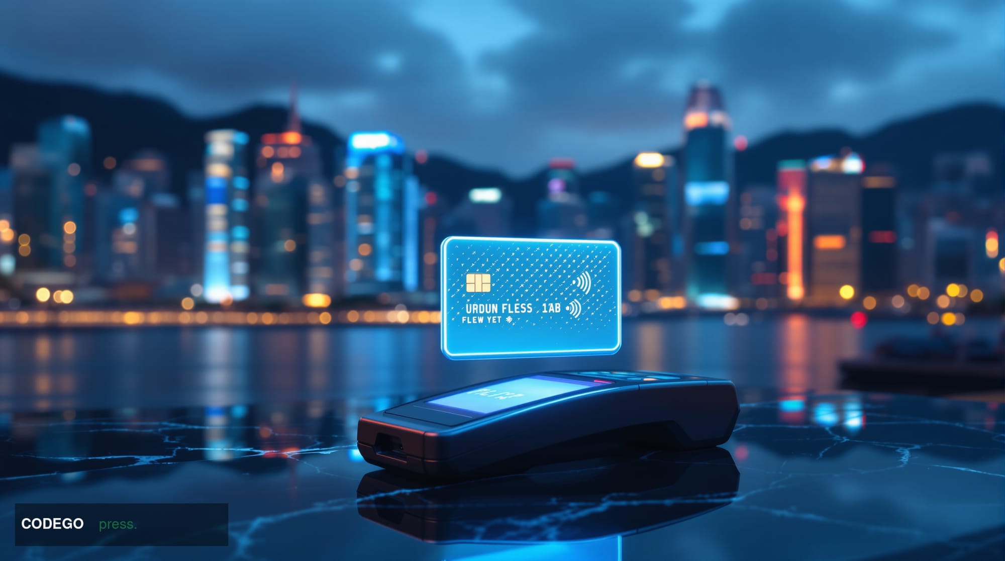 A cinematic editorial photograph set in Hong Kong's Central financial district at dusk, featuring the iconic glass-and-steel 