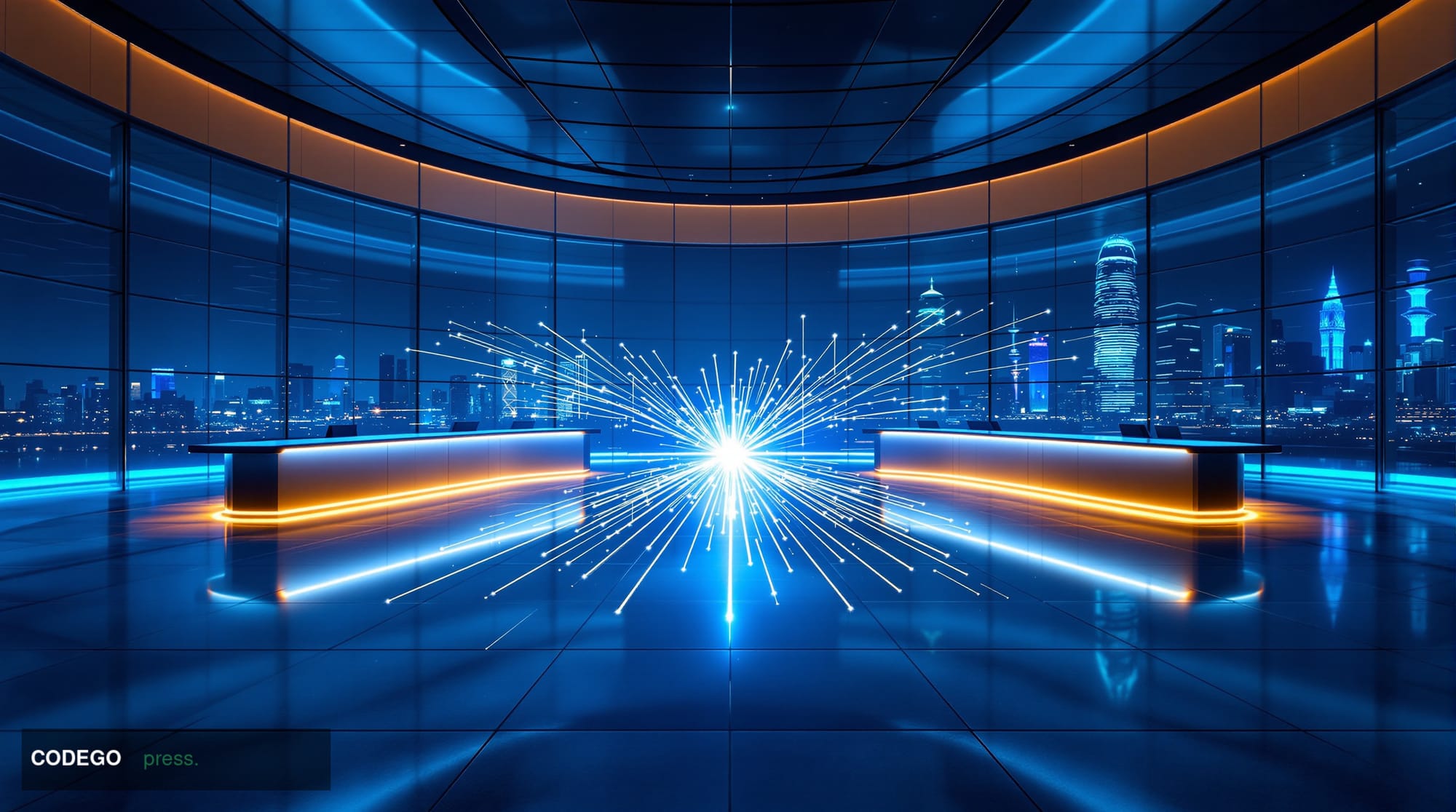 A cinematic editorial photograph set inside a vast, modern banking operations center at night, shot from a low angle looking 