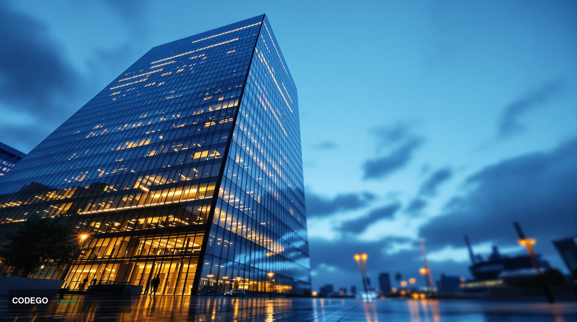 A cinematic editorial photograph of a sleek, modern glass-and-steel financial district office tower in London's Canary Wharf,