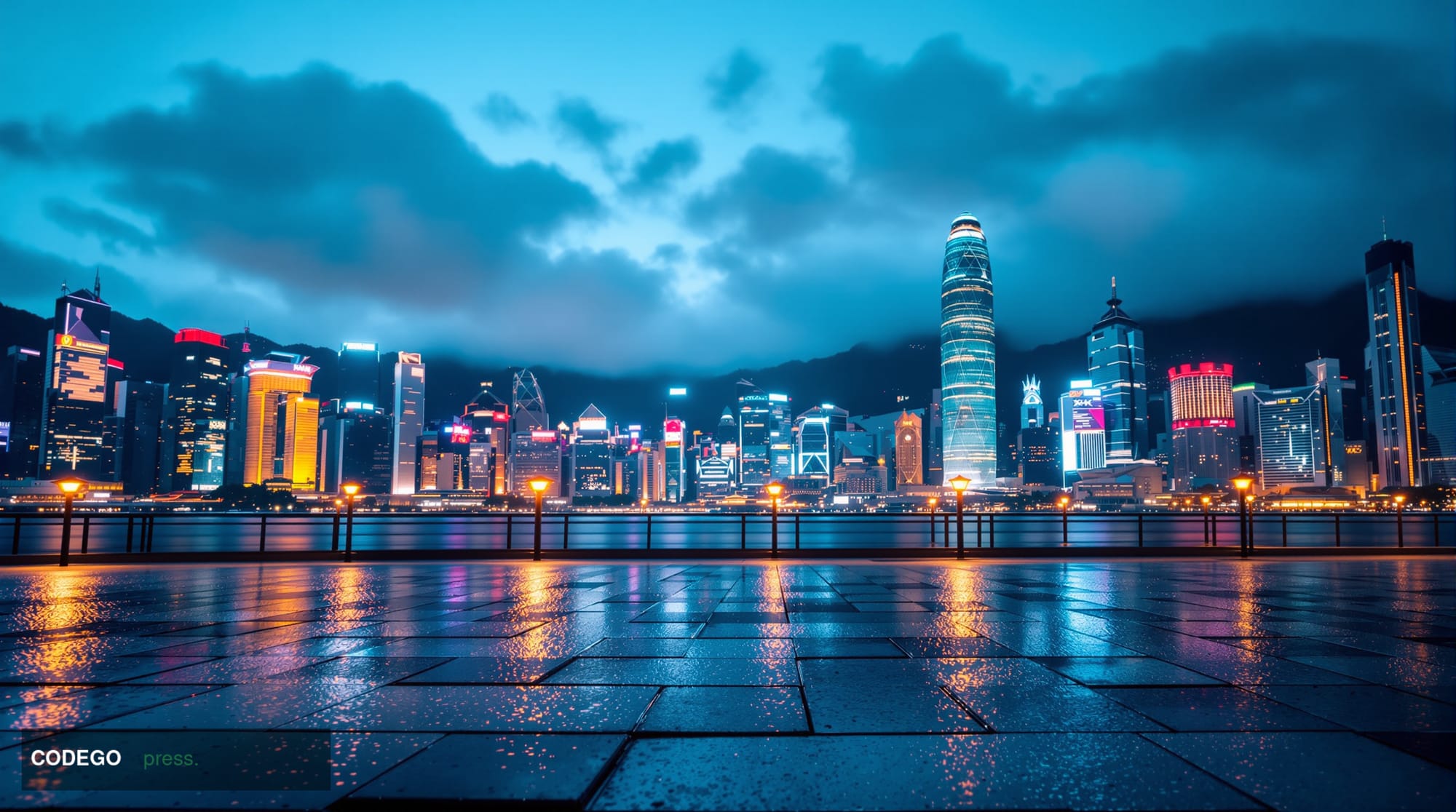 A photorealistic cinematic editorial photograph of Hong Kong's iconic Victoria Harbour skyline at dusk, shot from a low angle