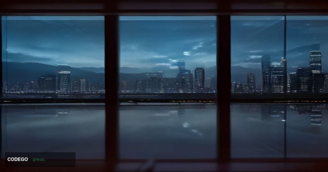 A cinematic editorial photograph of Hong Kong's iconic Victoria Harbour waterfront skyline at dusk, with the financial distri