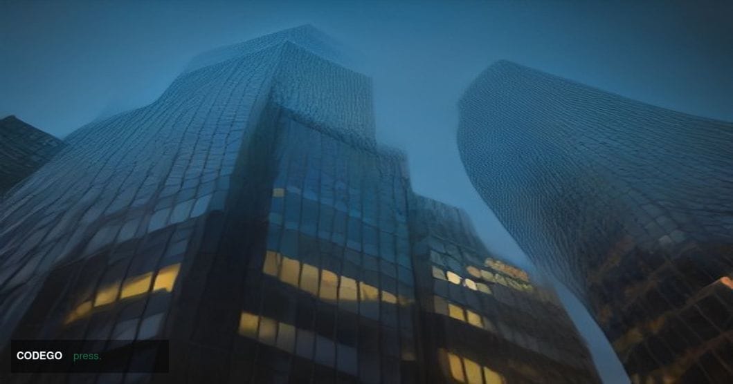 A cinematic editorial photograph of two monumental glass-and-steel bank tower facades facing each other across a narrow urban
