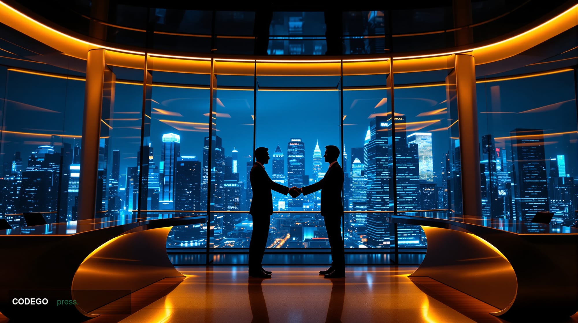 A cinematic editorial photograph set inside a modern glass-and-steel banking trading floor, viewed from a low angle looking u