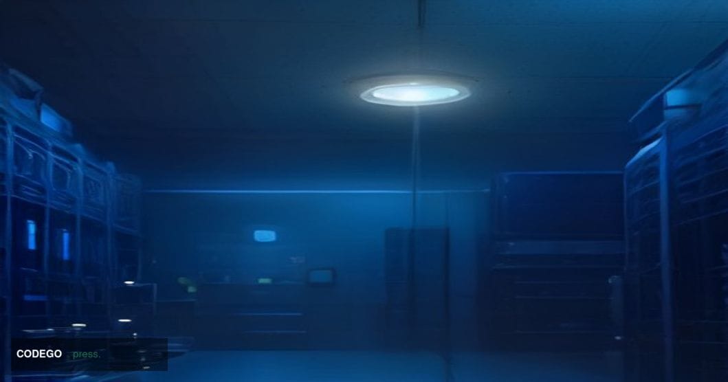 A cinematic editorial photograph of a sleek, dimly lit research laboratory environment at night, viewed from a low-angle came