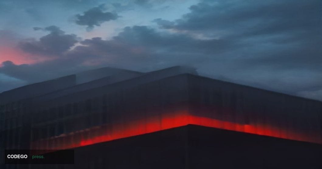 A dramatic low-angle photorealistic editorial photograph of a sleek corporate headquarters building at dusk, its glass facade