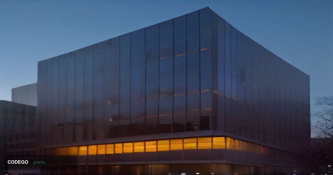 A cinematic editorial photograph centered on the exterior of a modern corporate headquarters building in Washington D.C. at d