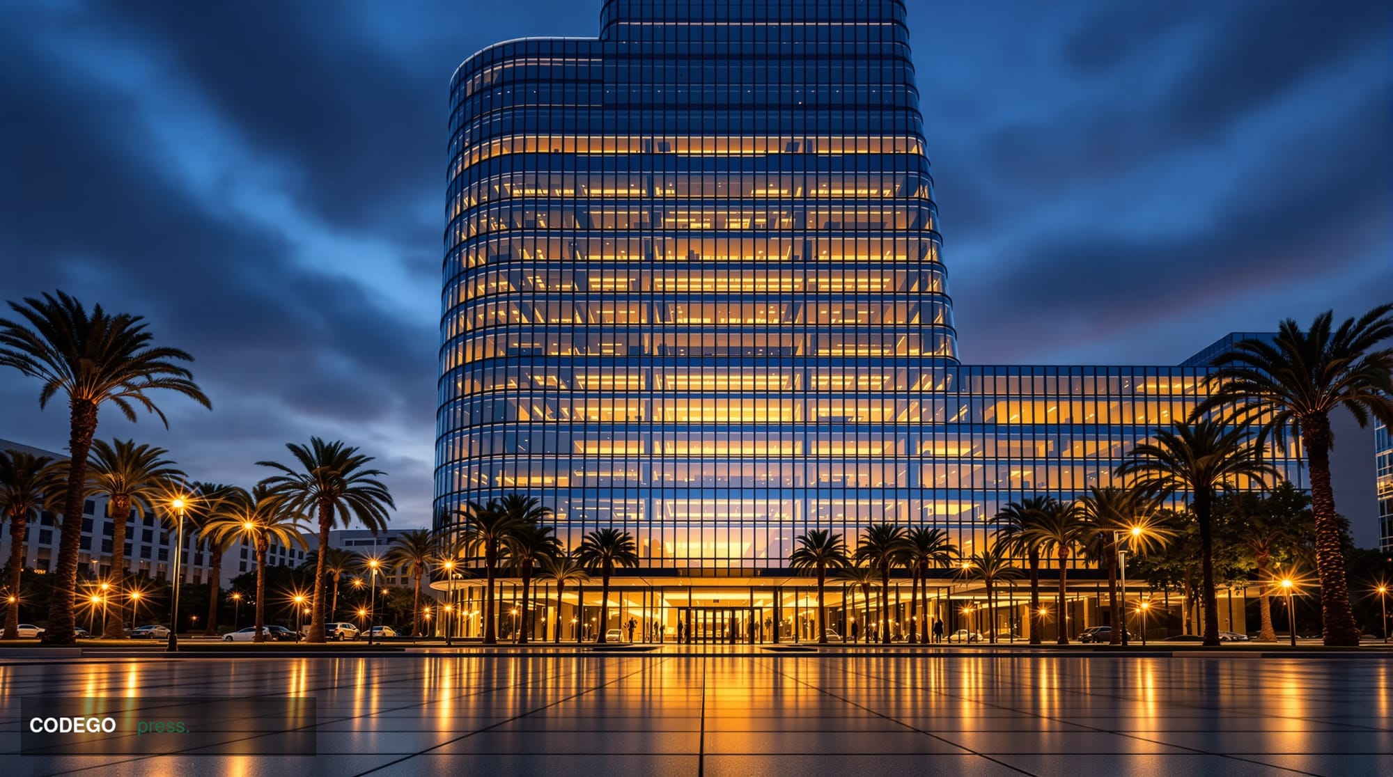 A photorealistic editorial photograph of a sleek, modern San Francisco financial technology campus exterior at dusk — recogni