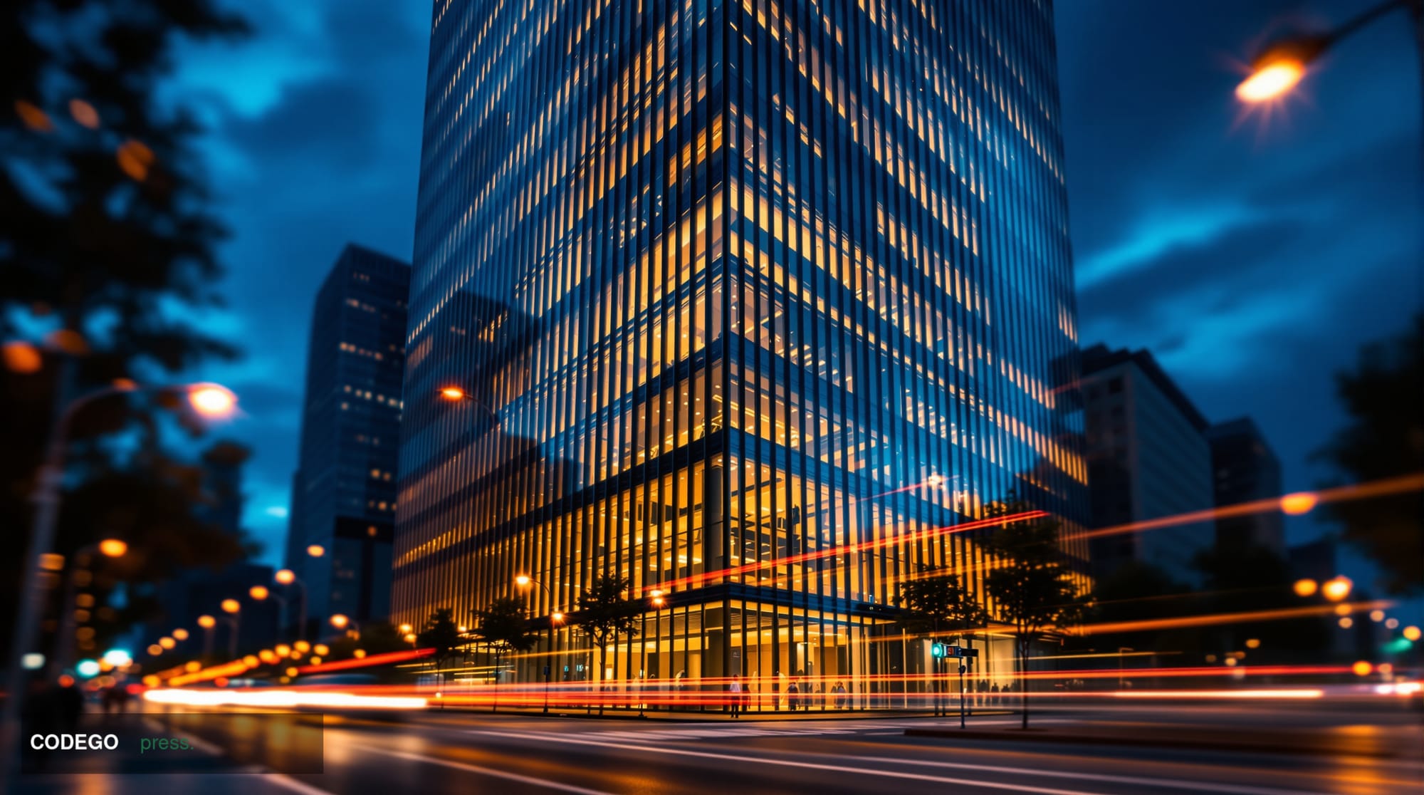 A cinematic editorial photograph of a sleek, modern San Francisco financial technology office exterior at dusk, shot from a l
