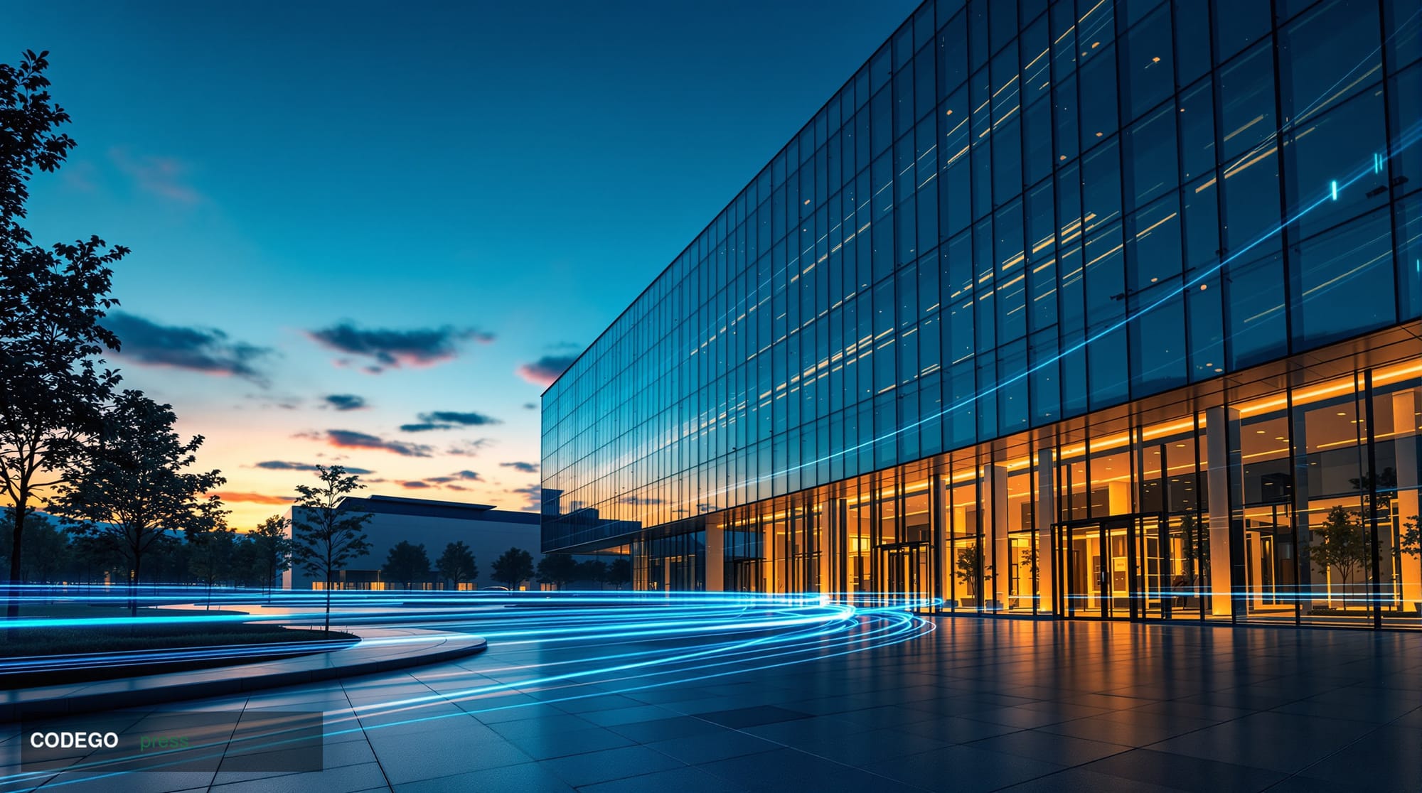 A cinematic editorial photograph of a sleek, modern glass-and-steel corporate campus at dusk, identifiable as a San Francisco