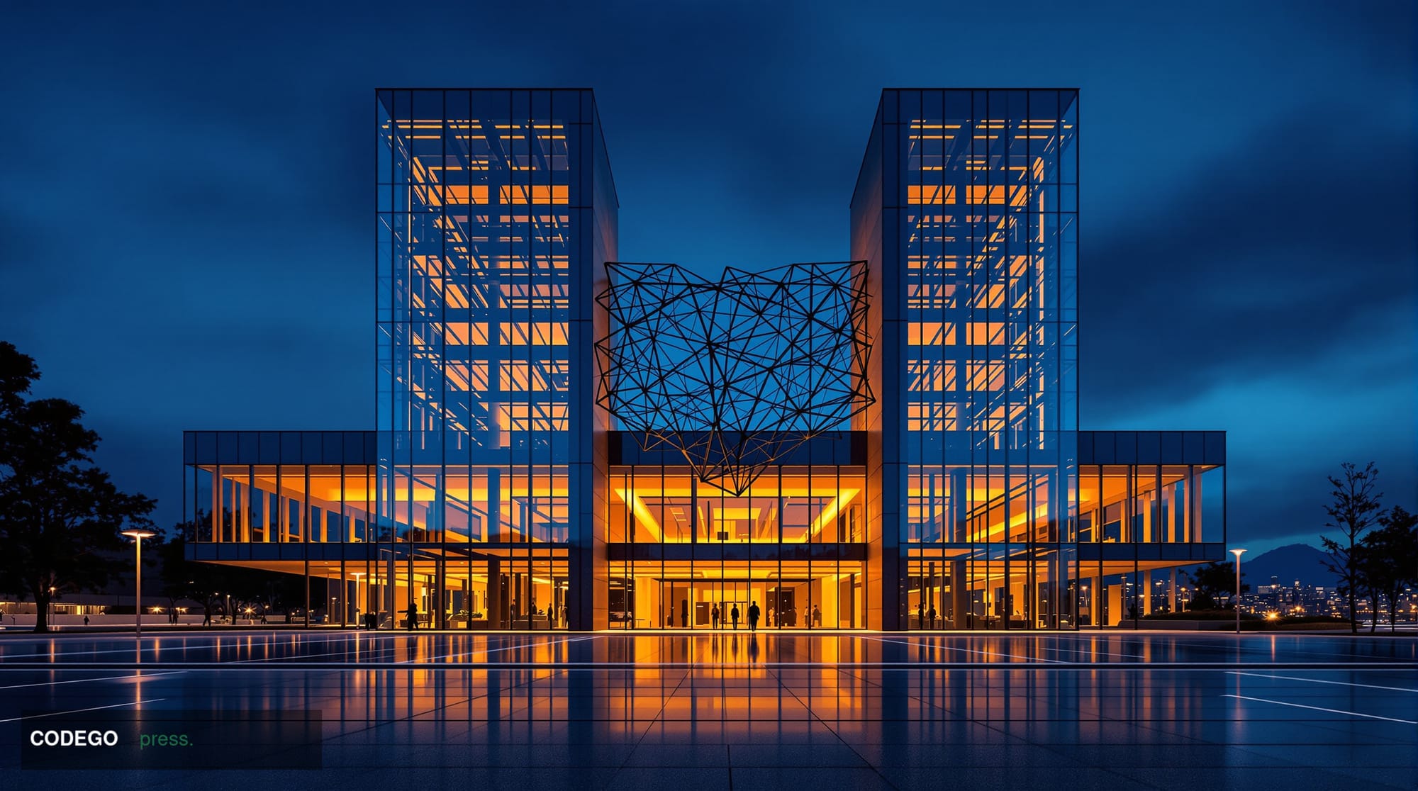 A dramatic cinematic editorial photograph depicting a gleaming, modernist corporate campus in San Francisco's SoMa district a