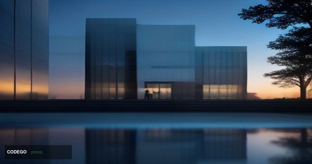 A cinematic editorial photograph centered on a sleek, modern technology campus exterior at dusk, architecture rendered in gla