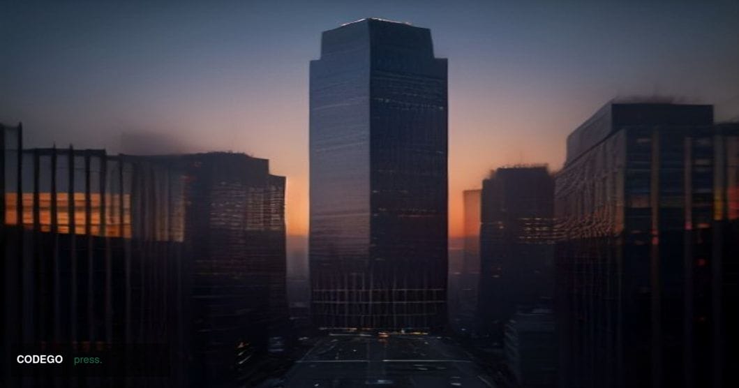 A dramatic cinematic editorial photograph capturing the symbolic collapse of a landmark financial deal, set against the backd
