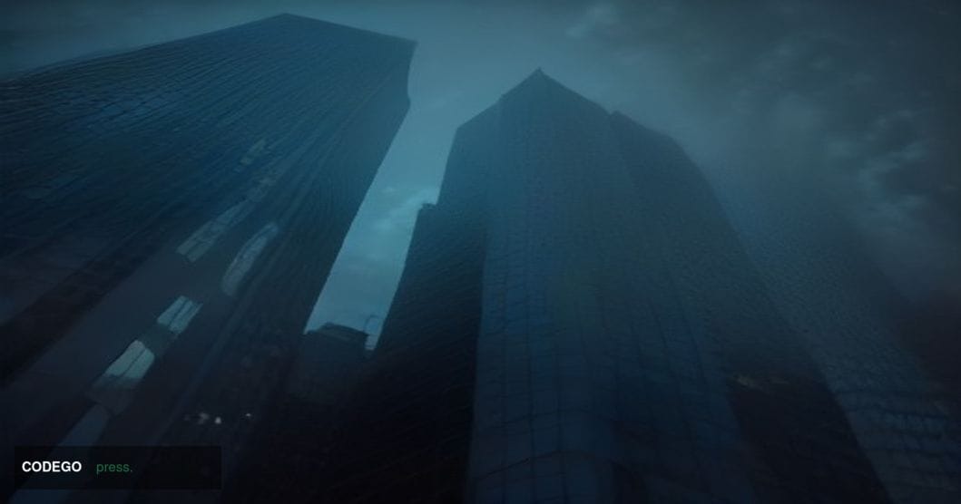 A dramatic cinematic editorial photograph shot from a low angle looking up at a sleek glass-and-steel financial district towe