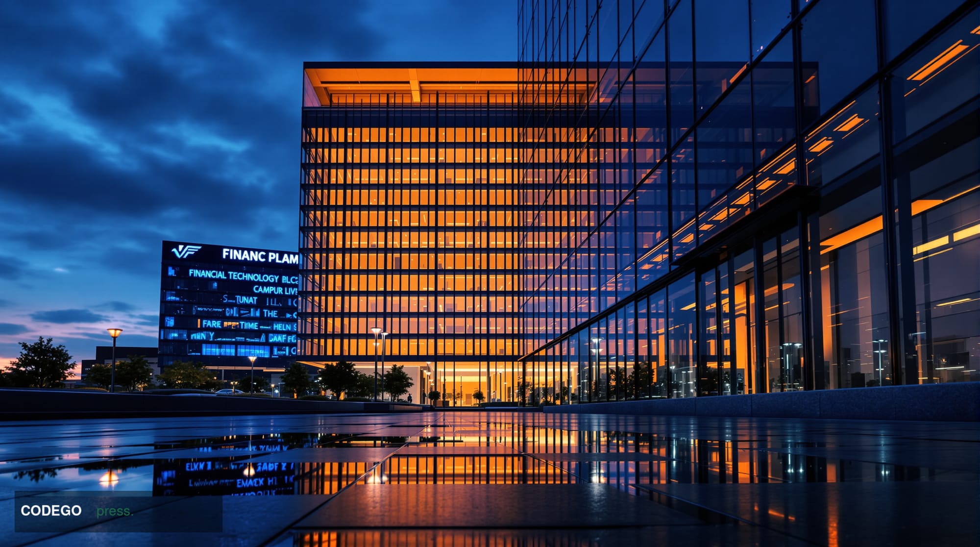 A cinematic editorial photograph shot from a low angle looking up at a sleek modern San Francisco financial technology campus