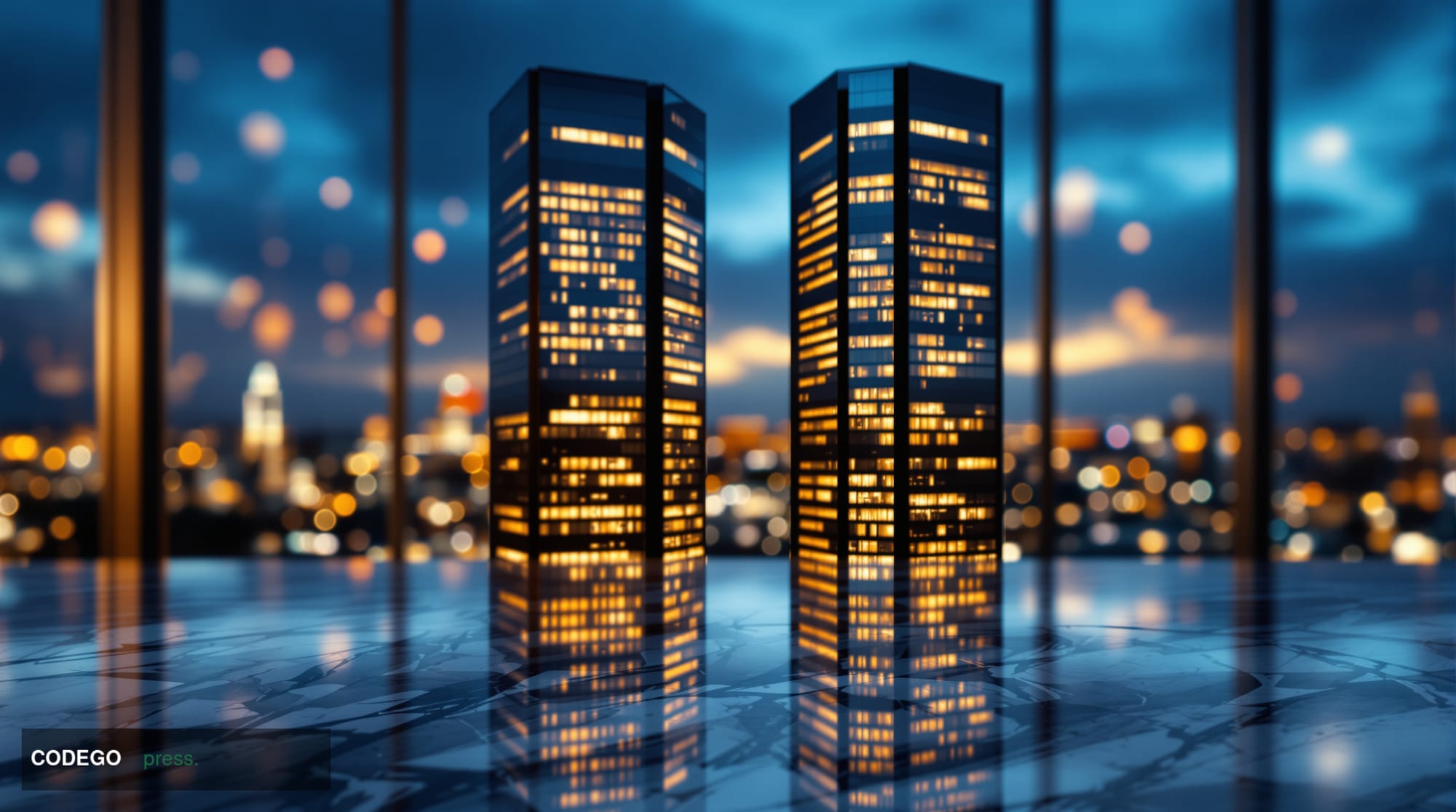A cinematic editorial photograph of a gleaming modern banking district at dusk, capturing the architectural silhouettes of tw
