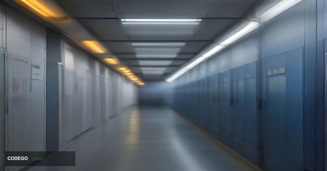 A cinematic editorial photograph of a vast, modern financial data center corridor in a European banking district, shot from a