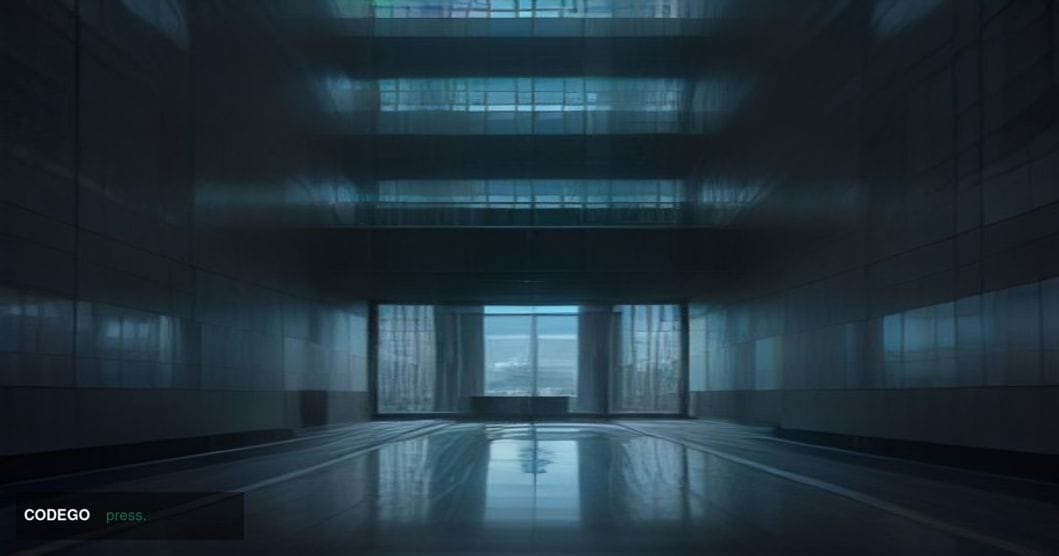 A wide-angle cinematic shot of a grand international banking operations center interior at dusk, viewed through floor-to-ceil
