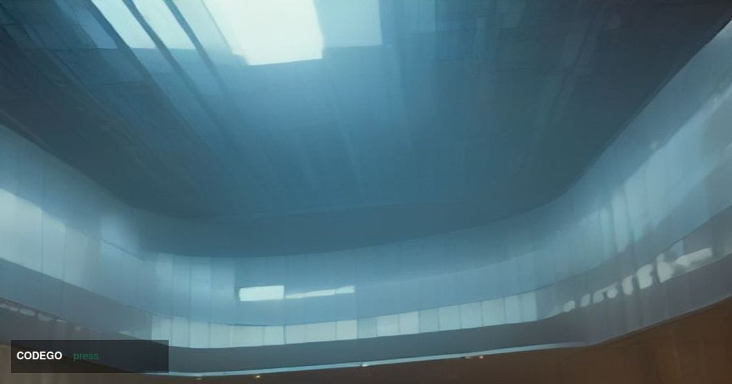 A cinematic editorial photograph of a modern international financial messaging hub interior, shot from a low angle looking up