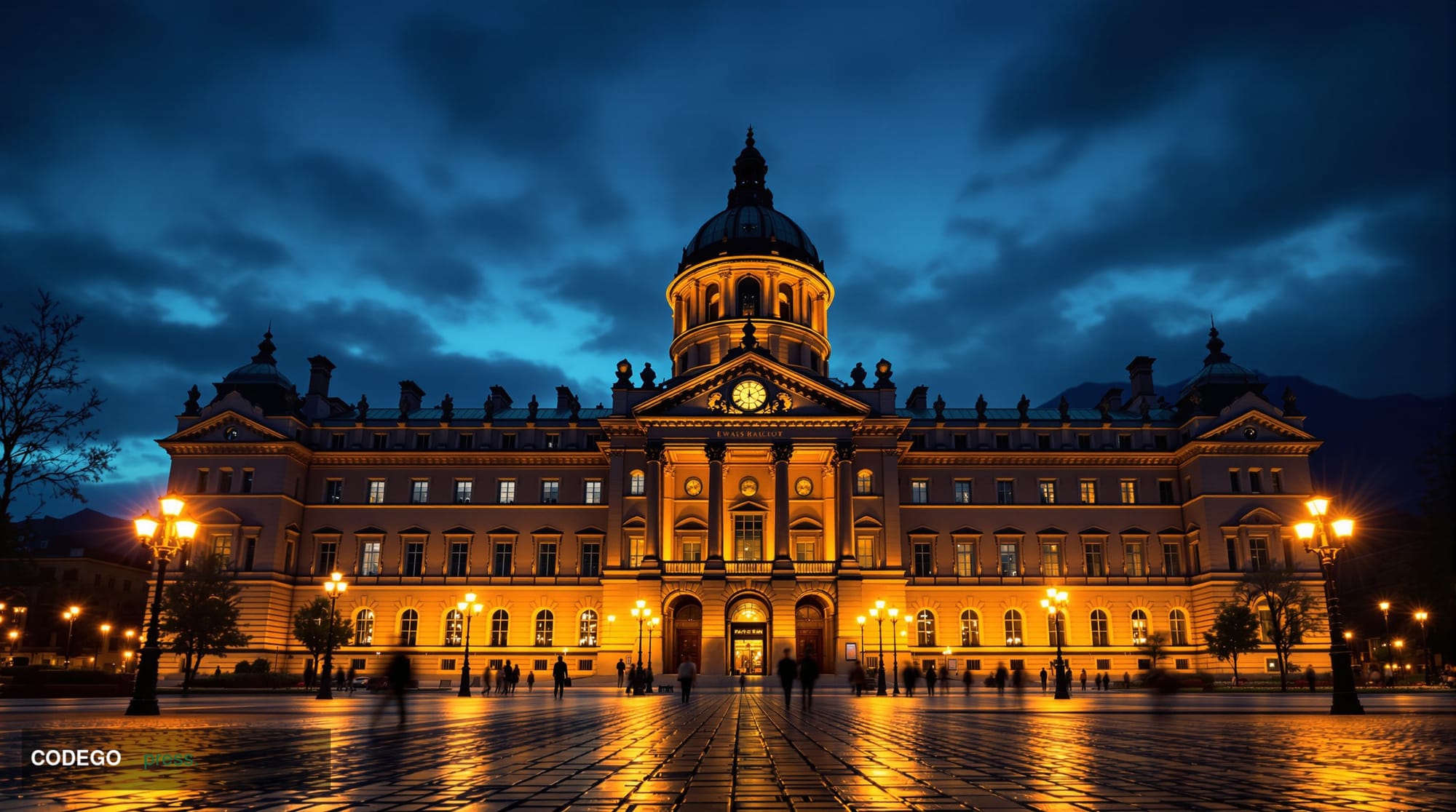 A wide-angle cinematic exterior shot of a grand Swiss neoclassical parliament building in Bern, photographed at dusk with dra