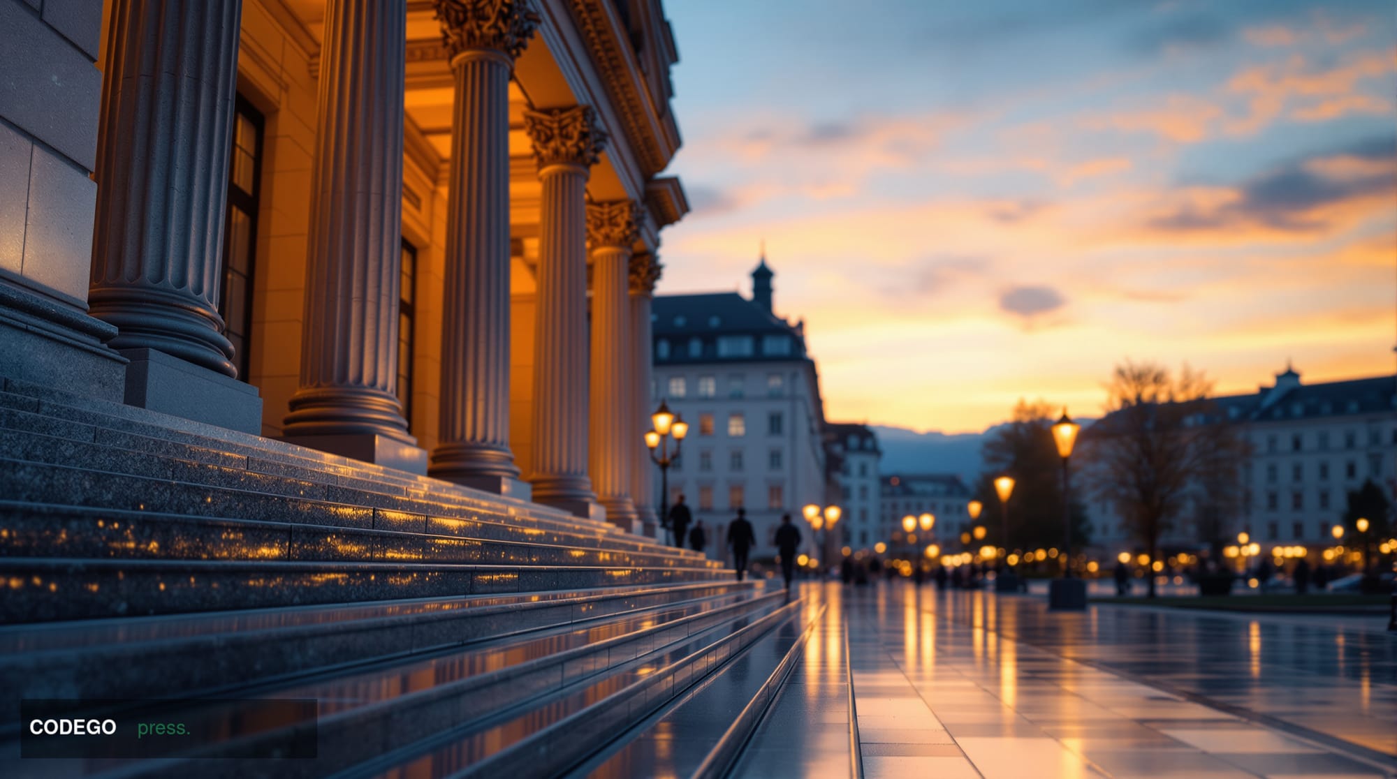 A cinematic editorial photograph of the exterior of a grand Swiss financial institution building in Zurich, shot at dramatic 