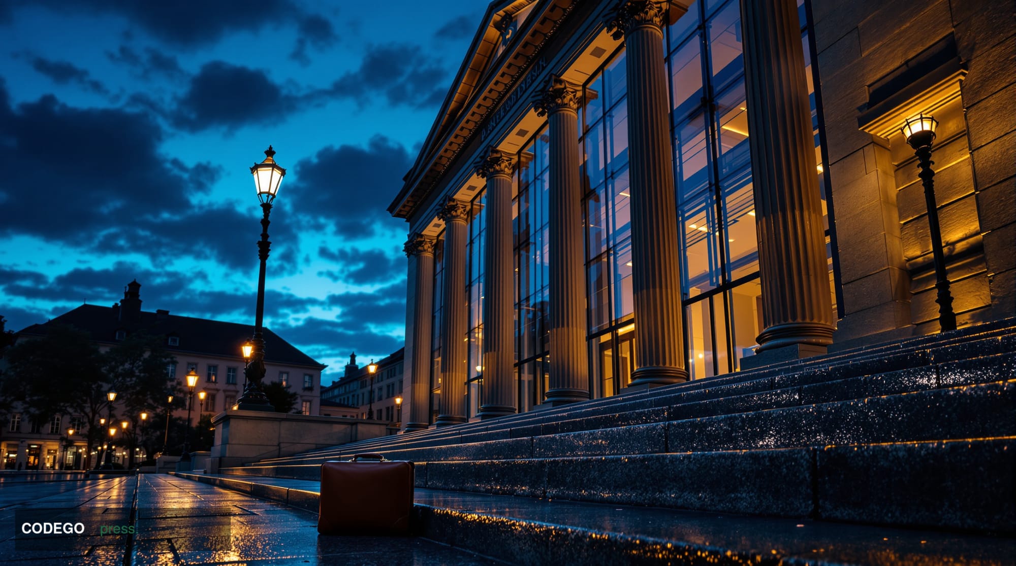 A cinematic editorial photograph of the exterior of a grand Swiss banking institution in Zurich's Paradeplatz financial distr