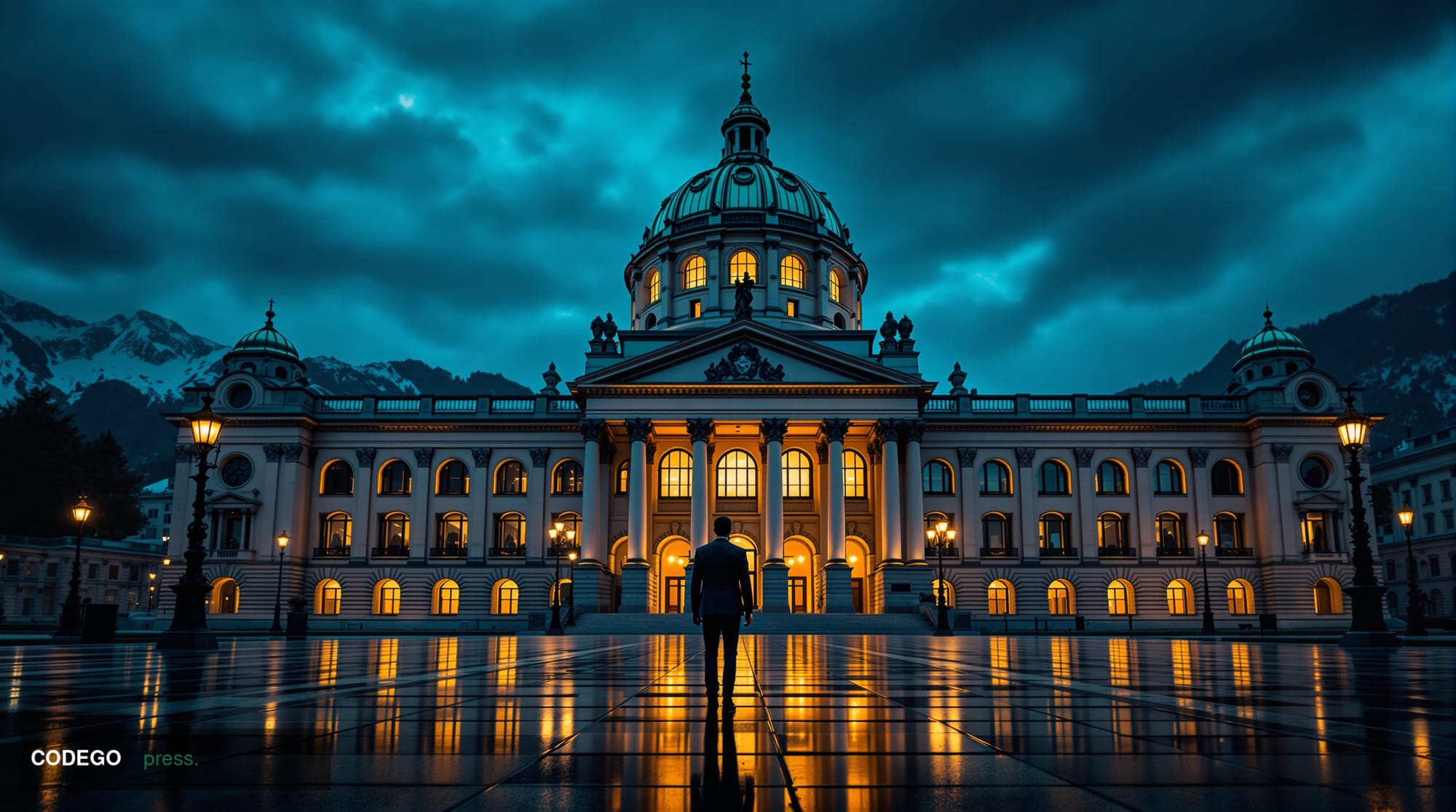 A wide-angle cinematic editorial photograph of the Swiss Federal Palace in Bern, its green copper dome and classical stone fa